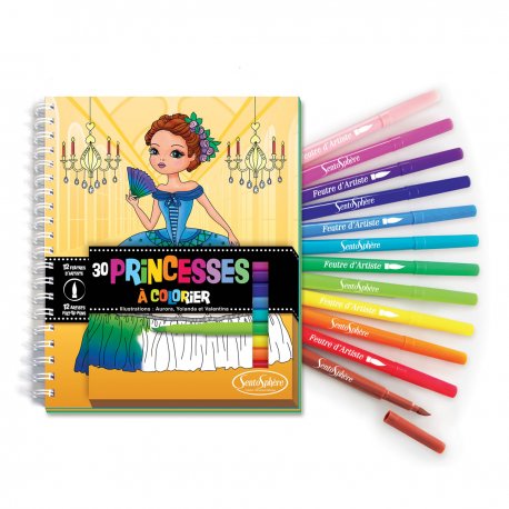 Carnet de coloriage Princesses + feutres pinceaux