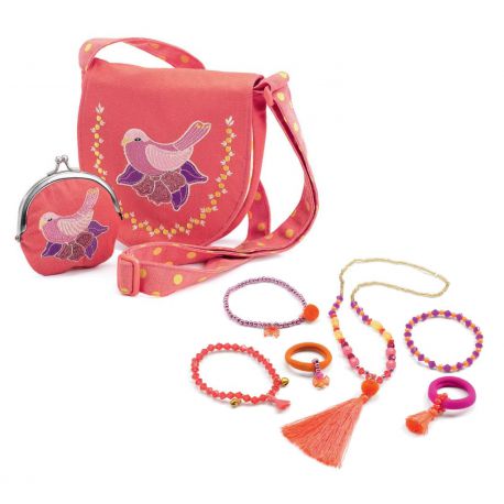 pack sac brodé oiseau et bijoux pompons et rubans