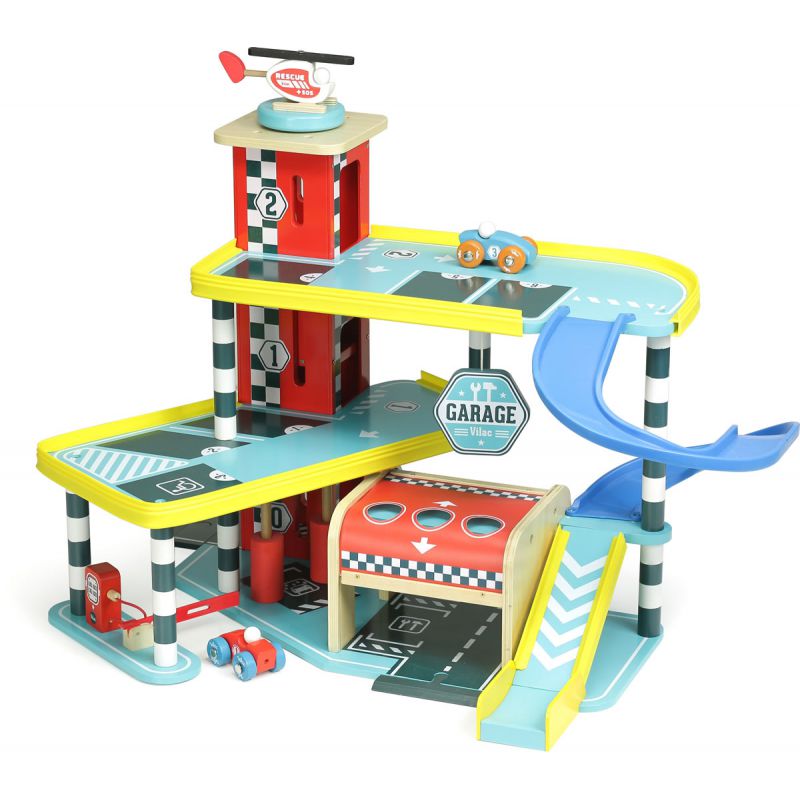 Garage de stationnement pour enfants avec 4 voitures jouet et hélicoptère  Kit de jeu avec station service, ascenseur, station de lavage et atelier