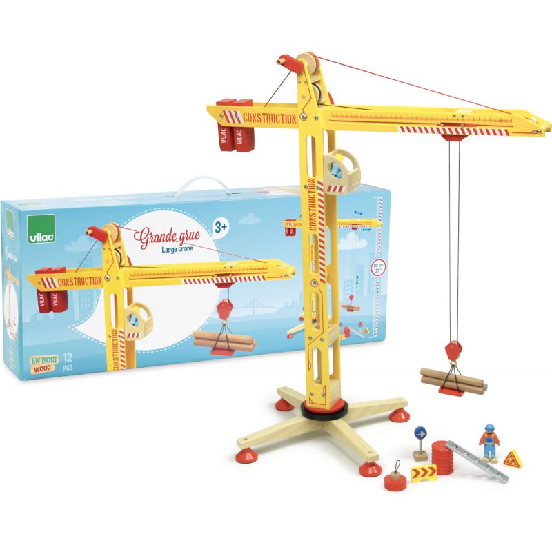 Grande Grue En Bois Vertbaudet - 67 Cm, Cabine Mobile, Poulie à Manivelle, Transpalette, Jouet Construction Enfant 3 Ans+