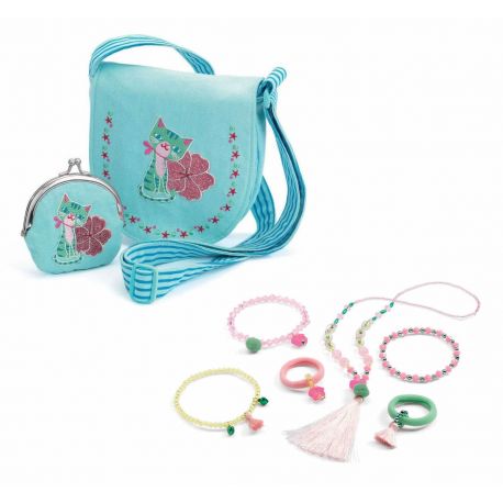 pack sac brodé chaton et bijoux pompons et papillons